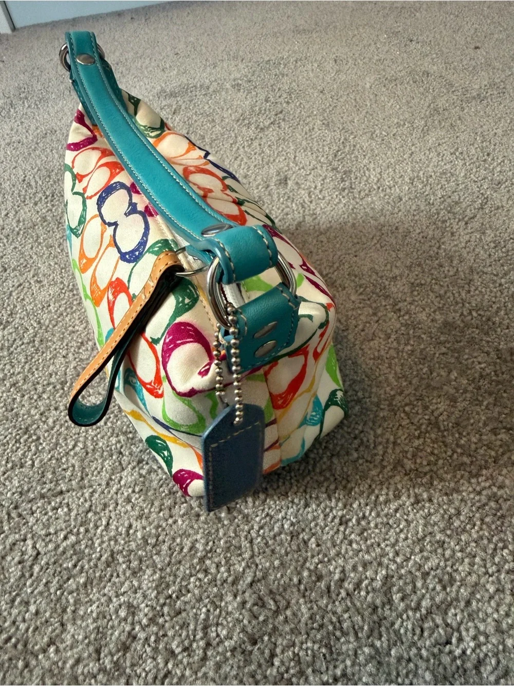 Coach Multicolor Signature Shoulder Bag with Teal Handle